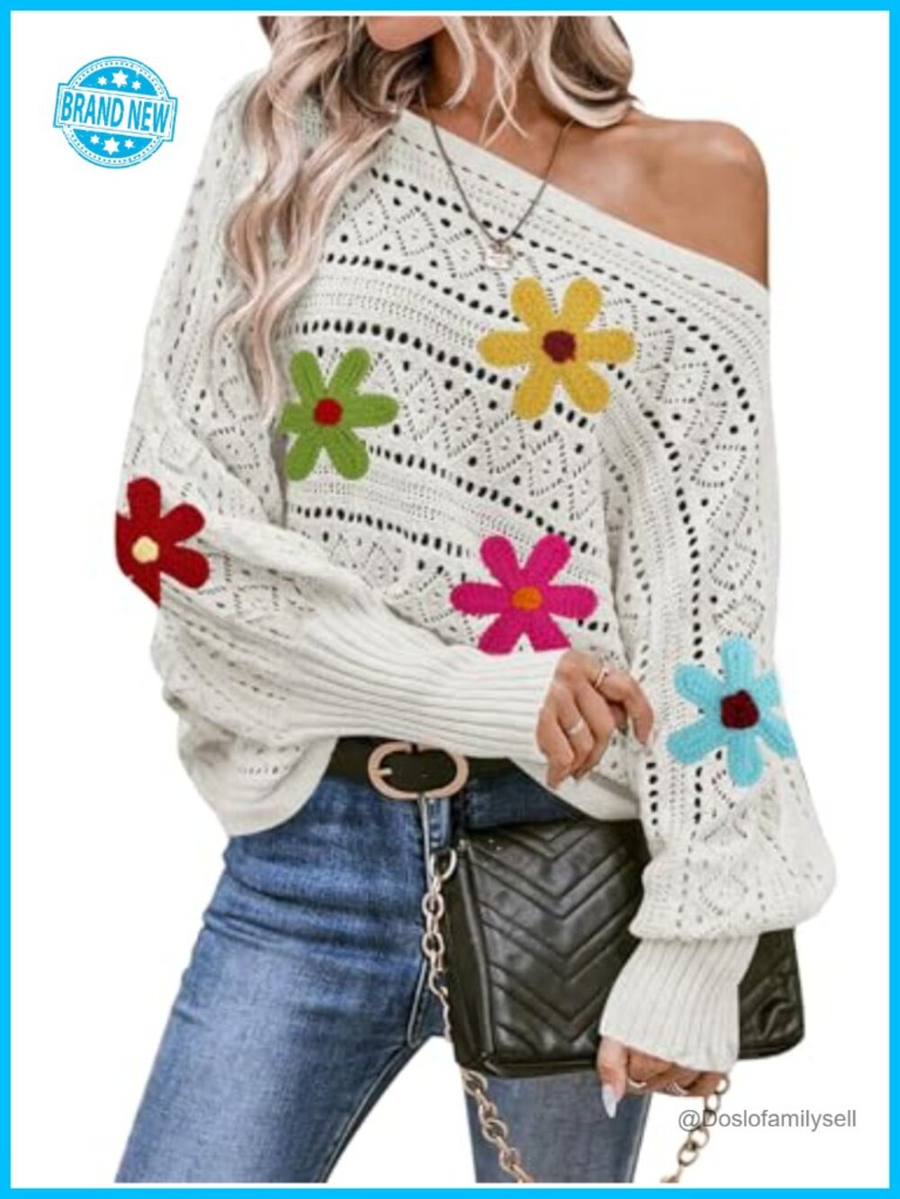 Crochet Off Shoulder Oversized Floral Pullover Sweater